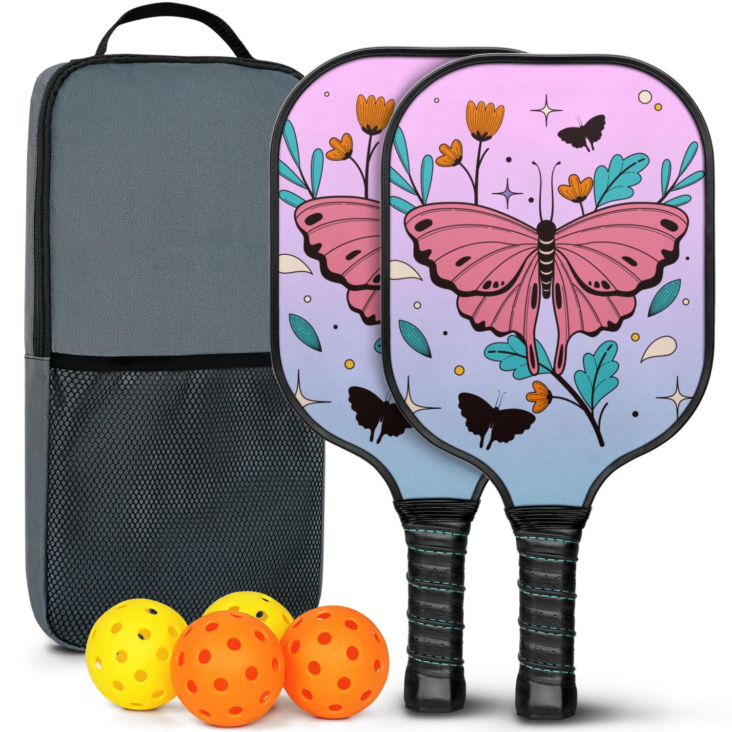 Pickleball Paddles Set Of 2, Fiberglass Surface, Butterfly Print, 4 Balls & Bag