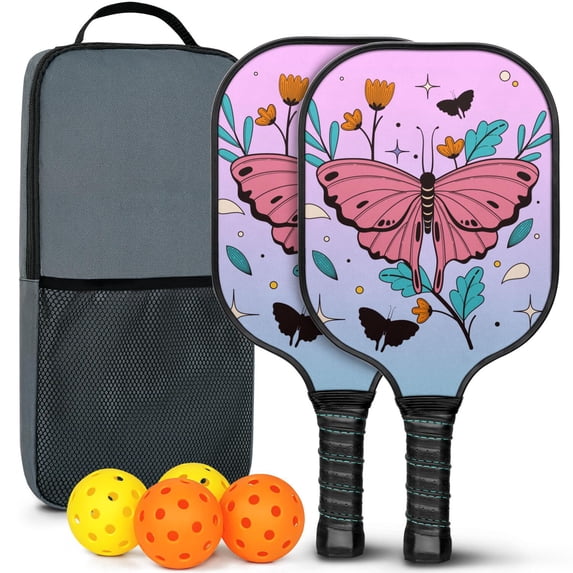 Pickleball Paddles Set Of 2, Fiberglass Surface, Butterfly Print, 4 Balls & Bag