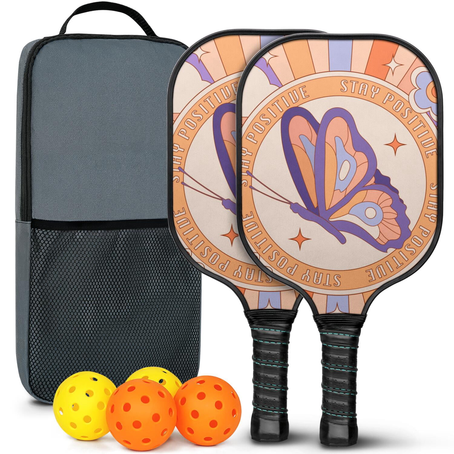 Pickleball Paddles Set Of 2, Fiberglass Surface, Butterfly Print, 4 Balls & Bag