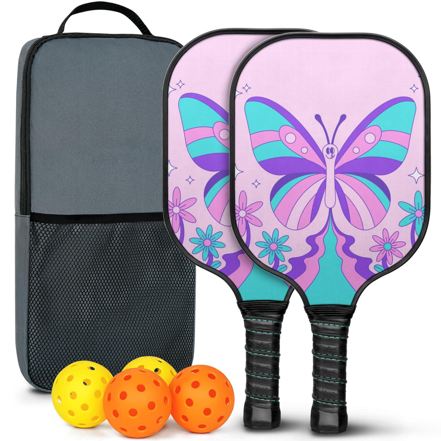 Pickleball Paddles Set Of 2, Fiberglass Surface, Butterfly Print, 4 Balls & Bag