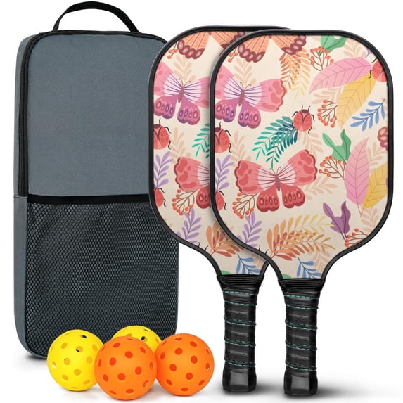 Pickleball Paddles Set Of 2, Fiberglass Surface, Butterfly, Spring Print, 4 Balls & Bag