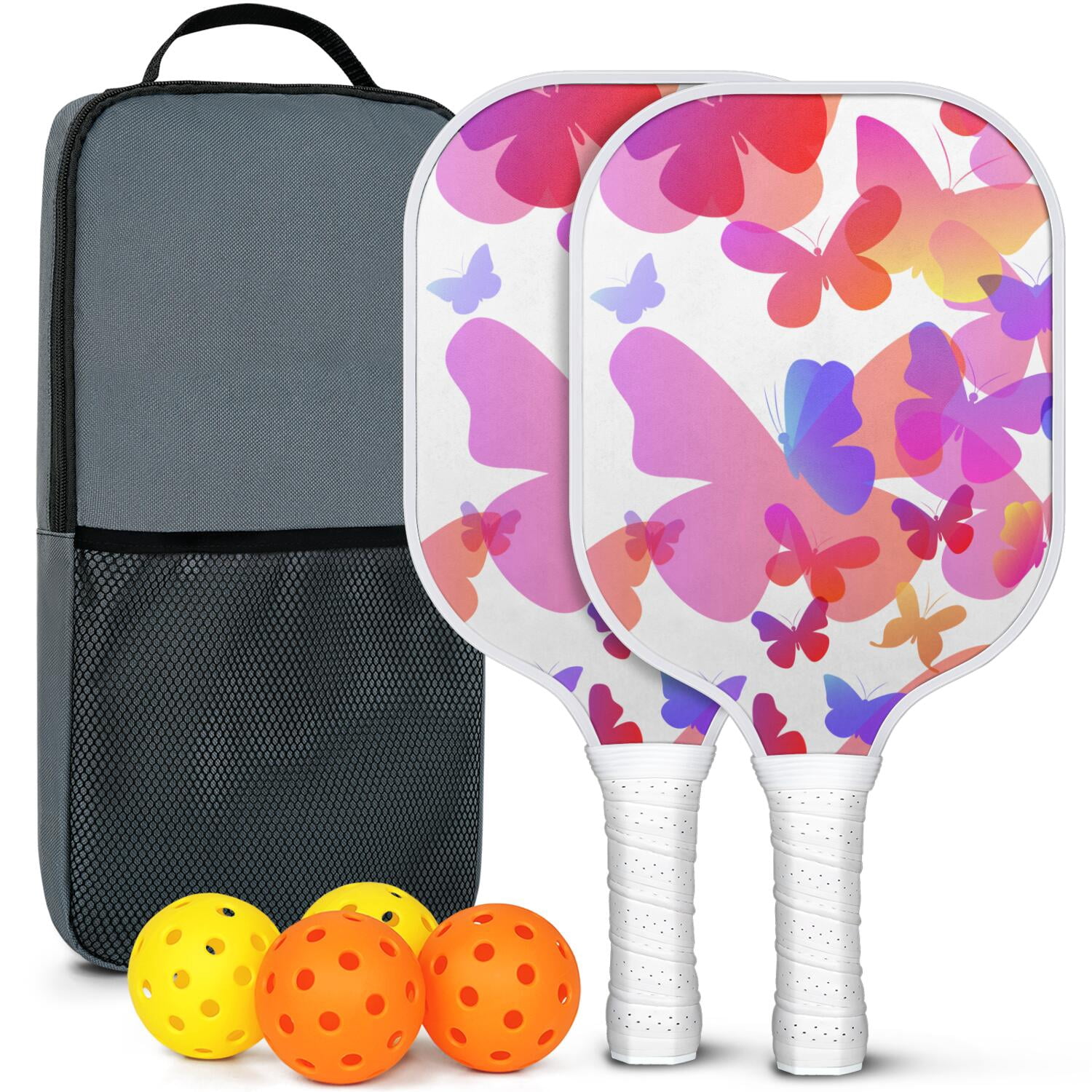 Pickleball Paddles Set Of 2, Fiberglass Surface, Butterfly, Spring Print, 4 Balls & Bag