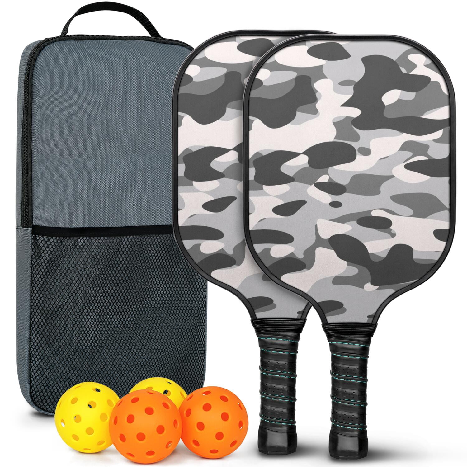 Pickleball Paddles Set Of 2, Fiberglass Surface, Camouflage Print, 4 Balls & Bag