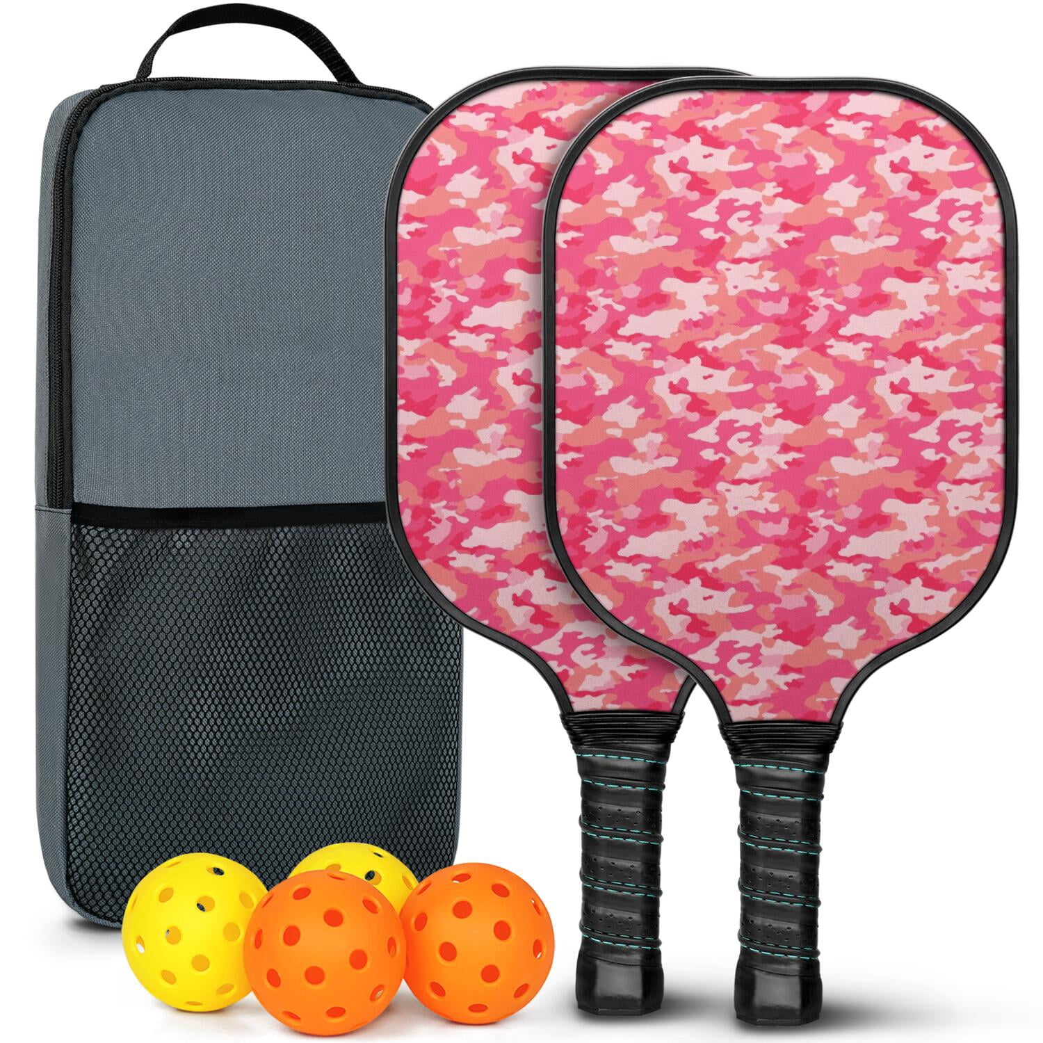 Pickleball Paddles Set Of 2, Fiberglass Surface, Camouflage Print, 4 Balls & Bag