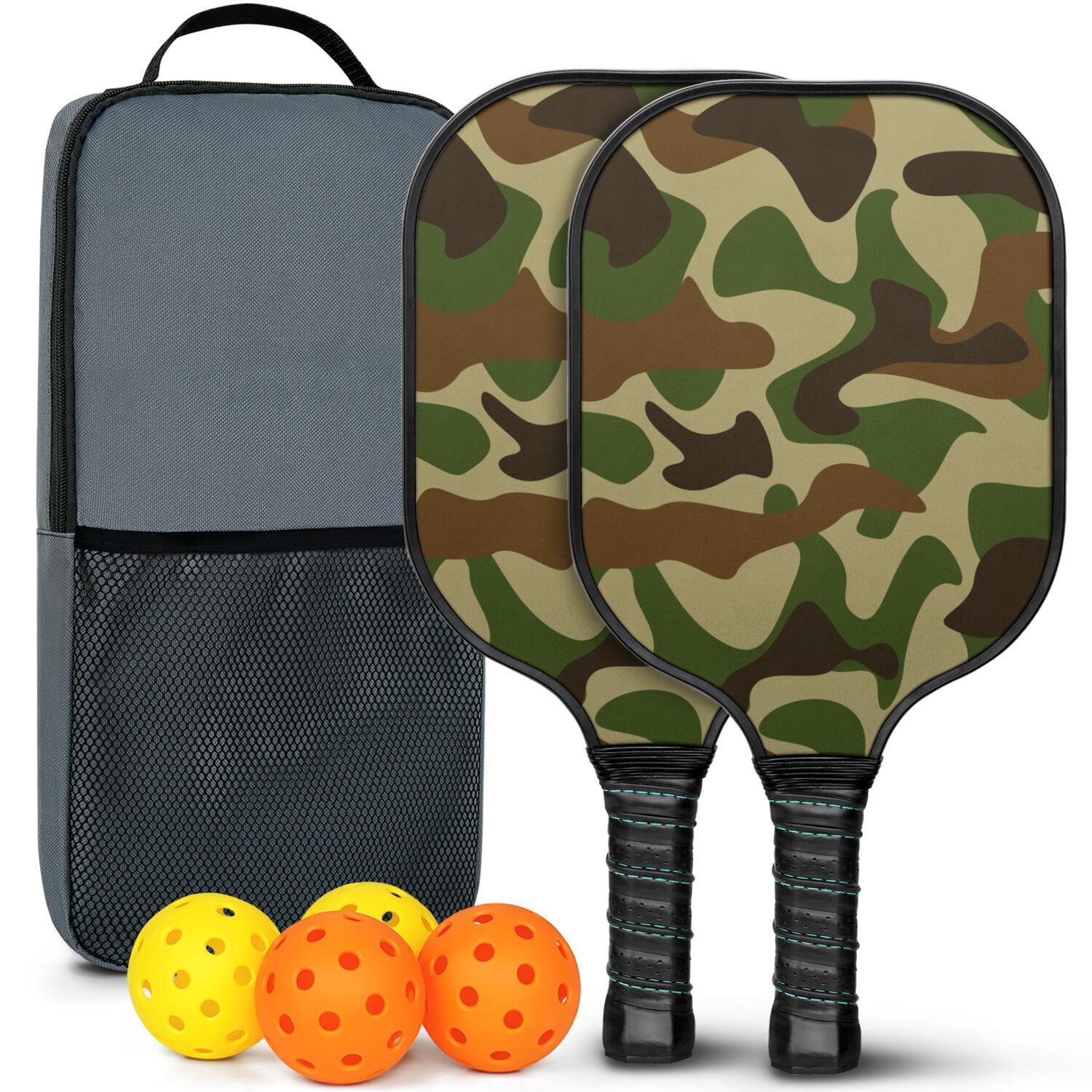 Pickleball Paddles Set Of 2, Fiberglass Surface, Camouflage Print, 4 Balls & Bag