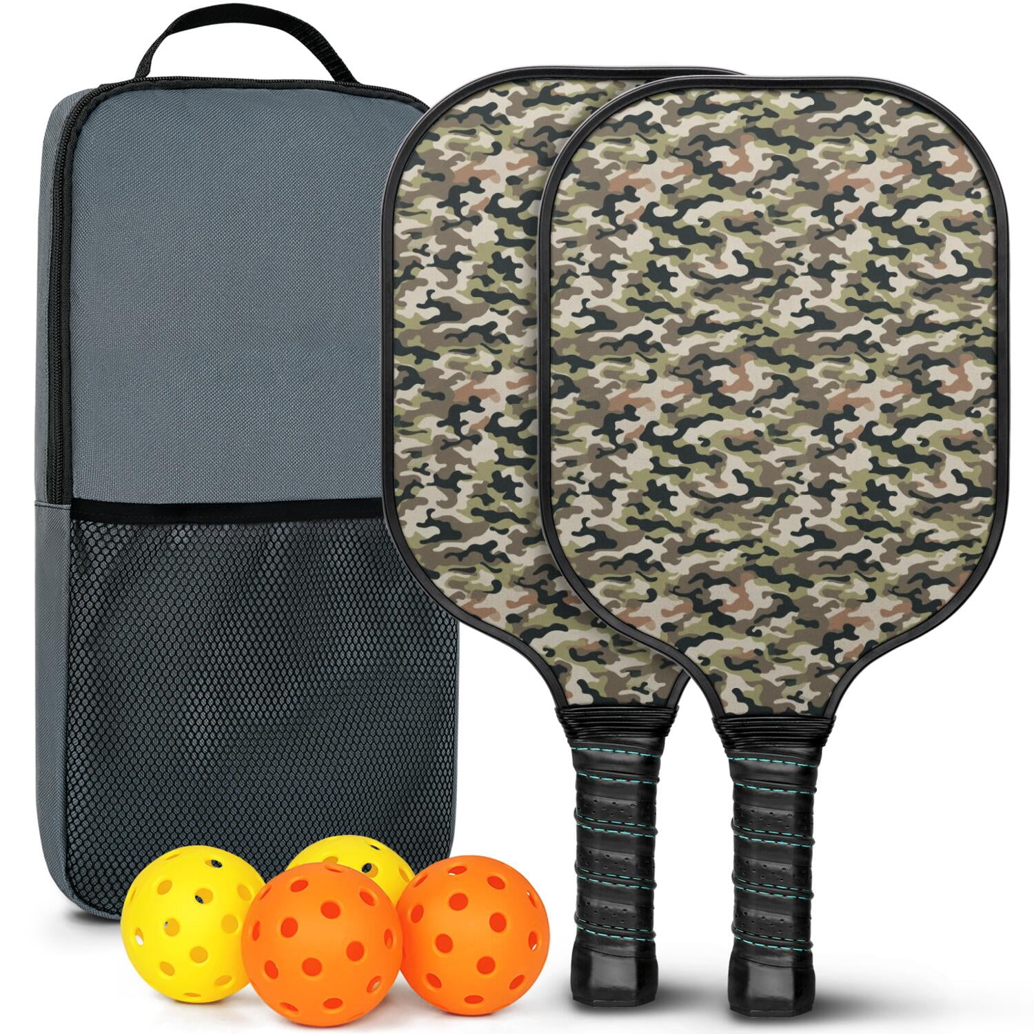 Pickleball Paddles Set Of 2, Fiberglass Surface, Camouflage Print, 4 Balls & Bag