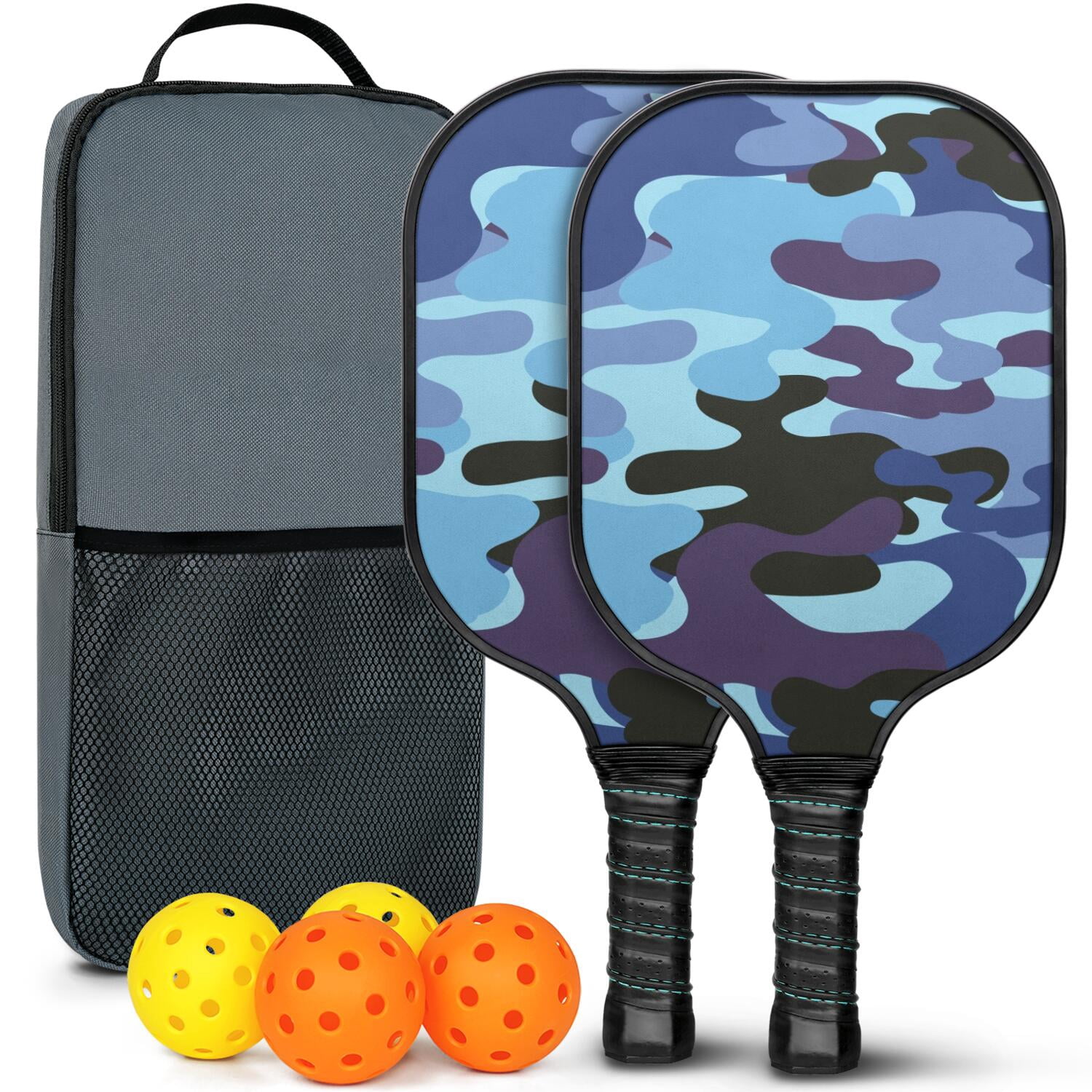 Pickleball Paddles Set Of 2, Fiberglass Surface, Camouflage Print, 4 Balls & Bag