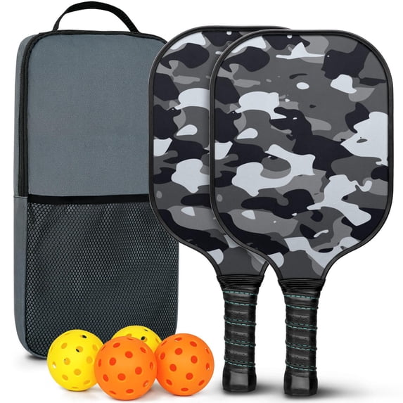 Pickleball Paddles Set Of 2, Fiberglass Surface, Camouflage Print, 4 Balls & Bag