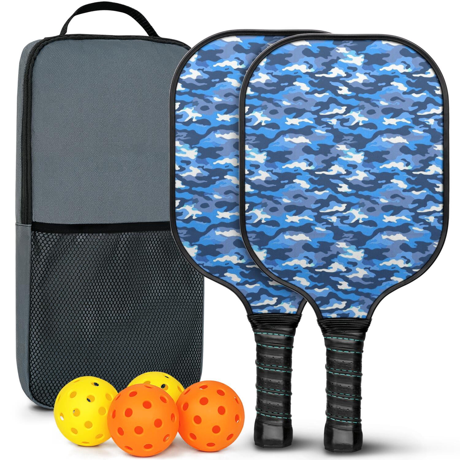 Pickleball Paddles Set Of 2, Fiberglass Surface, Camouflage Print, 4 Balls & Bag