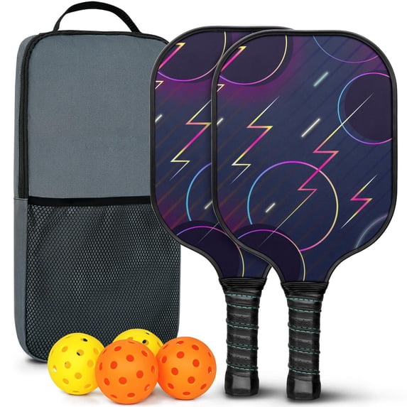 Pickleball Paddles Set Of 2, Fiberglass Surface, Colorful Geometry Print, 4 Balls & Bag