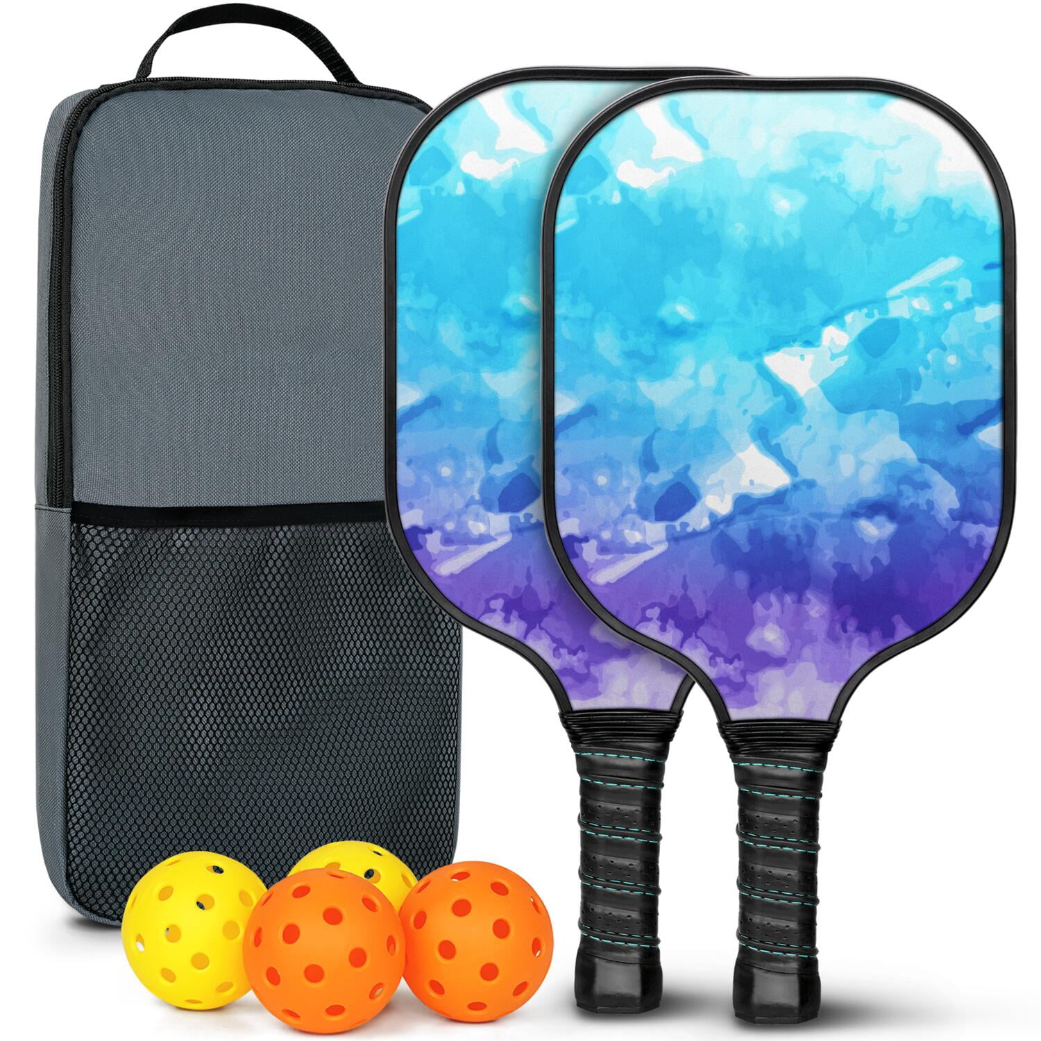 Pickleball Paddles Set Of 2, Fiberglass Surface, Colorful Geometry Print, 4 Balls & Bag