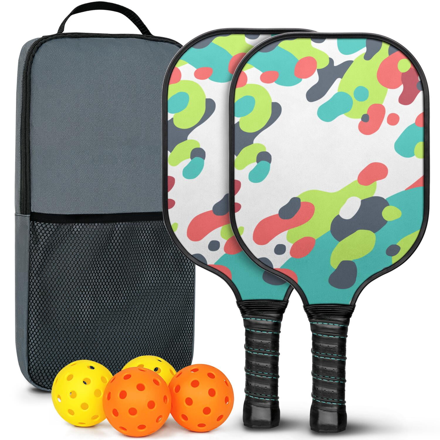 Pickleball Paddles Set Of 2, Fiberglass Surface, Colorful Geometry Print, 4 Balls & Bag