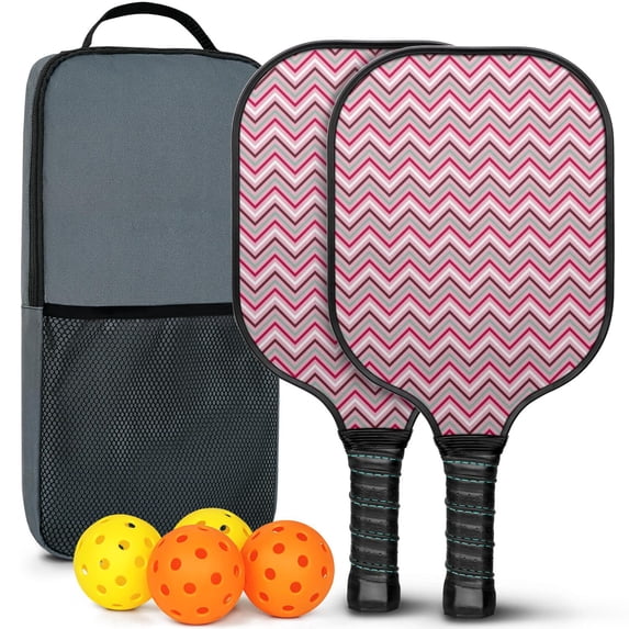 Pickleball Paddles Set Of 2, Fiberglass Surface, Colorful Geometry Print, 4 Balls & Bag