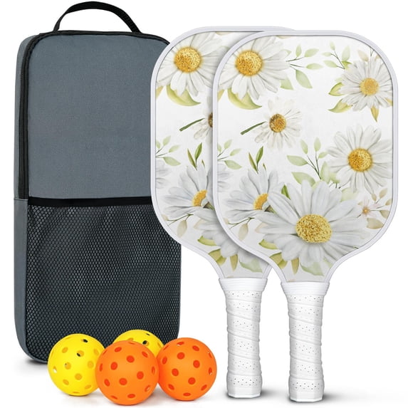 Pickleball Paddles Set Of 2, Fiberglass Surface, Daisy Floral Print, 4 Balls & Bag