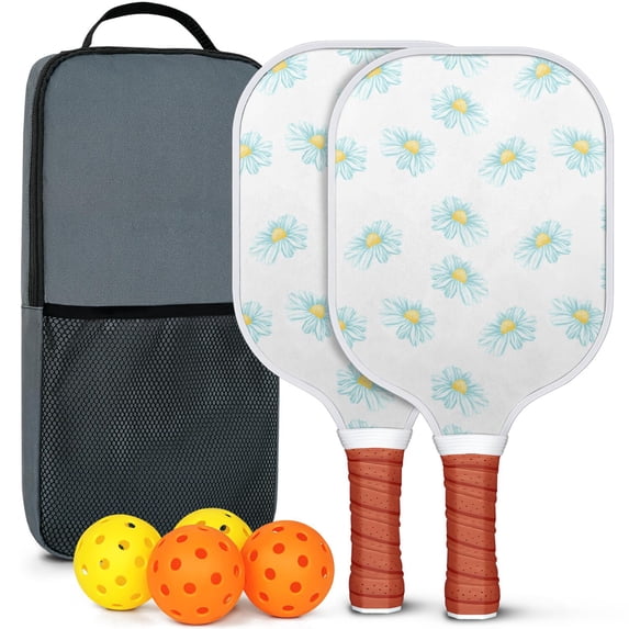 Pickleball Paddles Set Of 2, Fiberglass Surface, Daisy Floral Print, 4 Balls & Bag