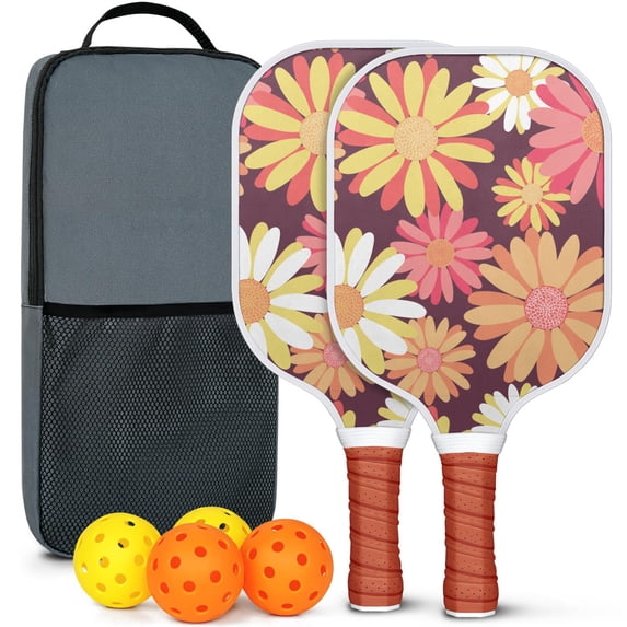 Pickleball Paddles Set Of 2, Fiberglass Surface, Daisy Floral Print, 4 Balls & Bag