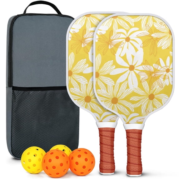 Pickleball Paddles Set Of 2, Fiberglass Surface, Daisy Floral Print, 4 Balls & Bag