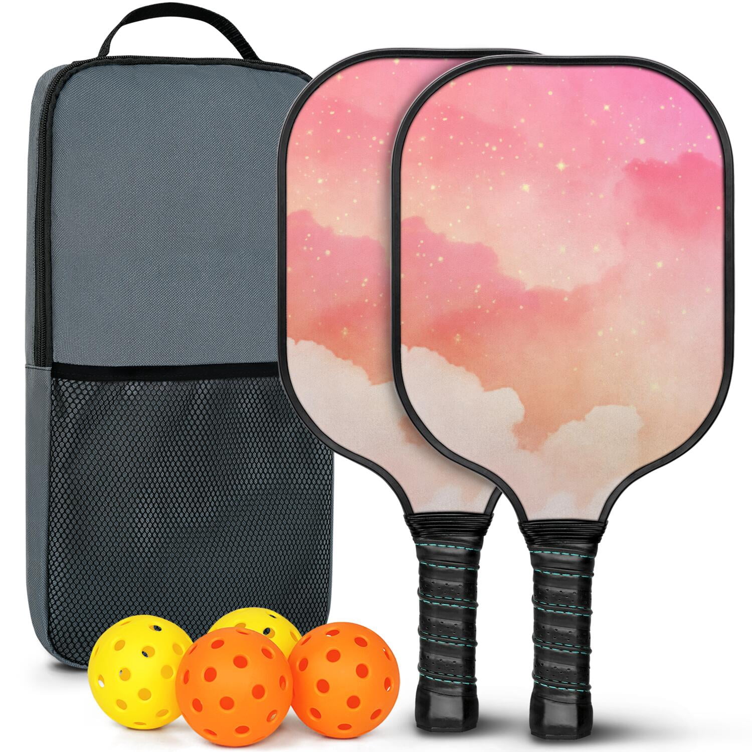 Pickleball Paddles Set Of 2, Fiberglass Surface, Dreamy Cloud Print, 4 Balls & Bag
