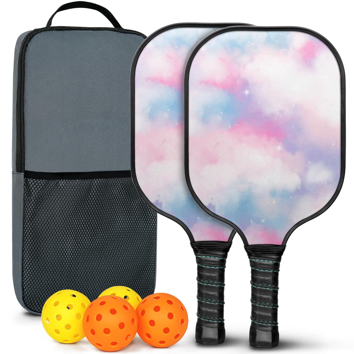 Pickleball Paddles Set Of 2, Fiberglass Surface, Dreamy Cloud Print, 4 Balls & Bag