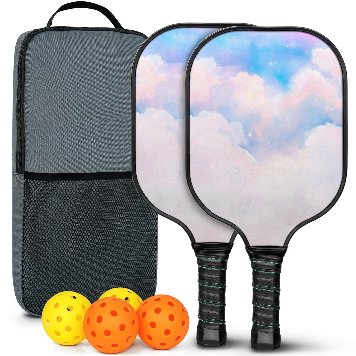Pickleball Paddles Set Of 2, Fiberglass Surface, Dreamy Cloud Print, 4 Balls & Bag