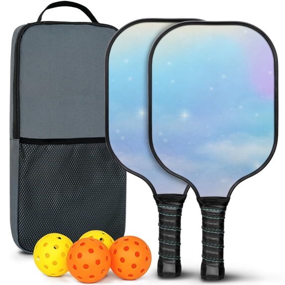 Pickleball Paddles Set Of 2, Fiberglass Surface, Dreamy Cloud Print, 4 Balls & Bag