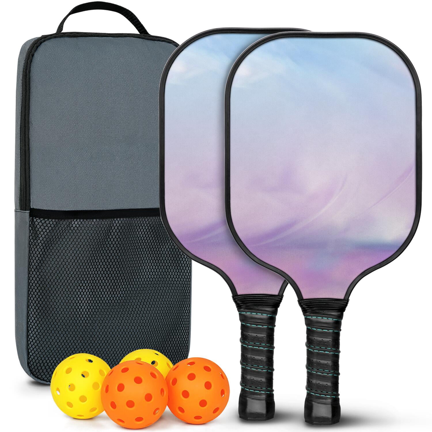 Pickleball Paddles Set Of 2, Fiberglass Surface, Dreamy Cloud Print, 4 Balls & Bag