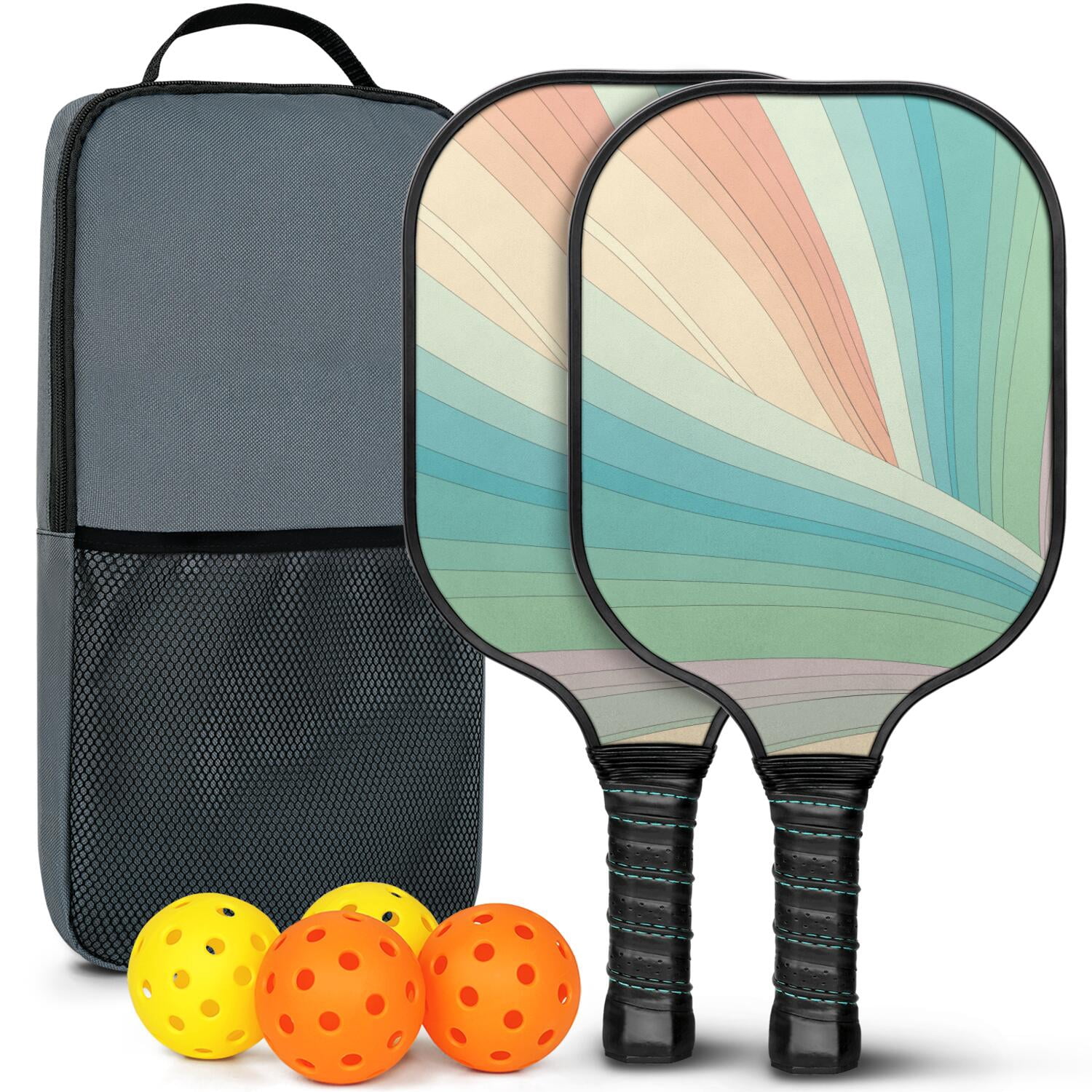 Pickleball Paddles Set Of 2, Fiberglass Surface, Dreamy Cloud Print, 4 Balls & Bag