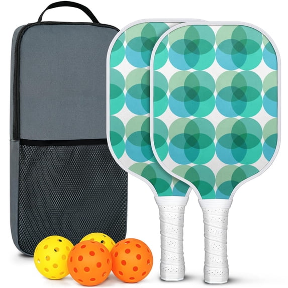 Pickleball Paddles Set Of 2, Fiberglass Surface, Elegant Geometric Print, 4 Balls & Bag