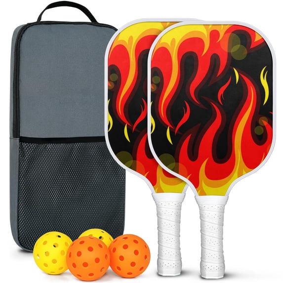 Pickleball Paddles Set Of 2, Fiberglass Surface, Flame Print, 4 Balls & Bag