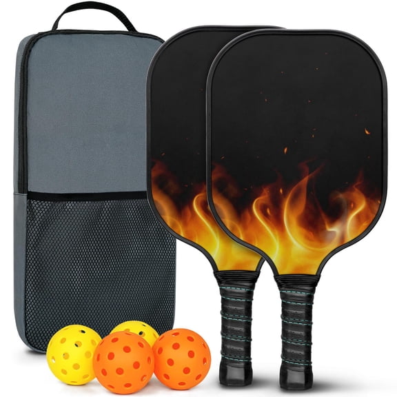 Pickleball Paddles Set Of 2, Fiberglass Surface, Flame Print, 4 Balls & Bag
