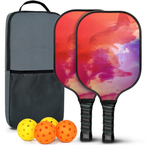 Pickleball Paddles Set Of 2, Fiberglass Surface, Fluid Smoke Aurora Art Style, 4 Balls & Bag