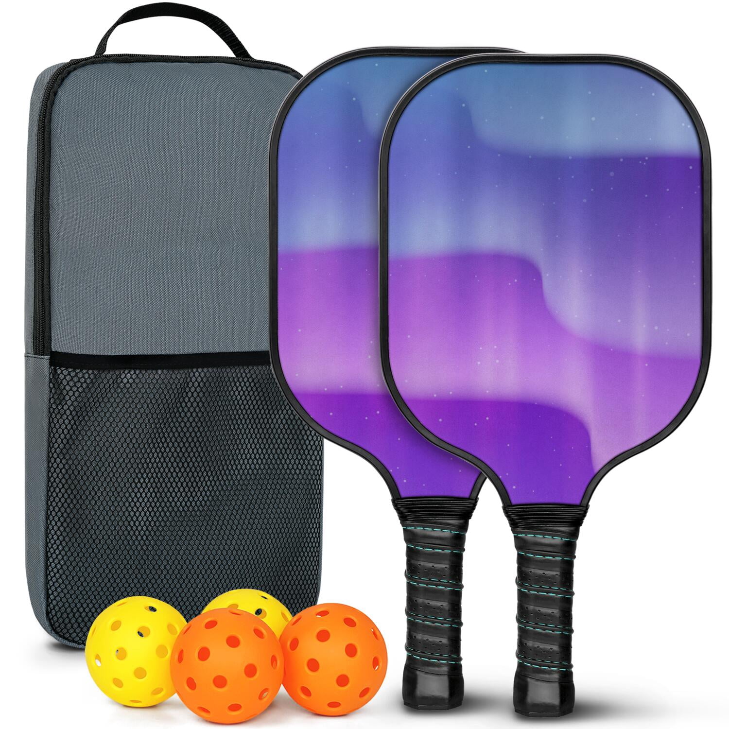 Pickleball Paddles Set Of 2, Fiberglass Surface, Fluid Smoke Aurora Art Style, 4 Balls & Bag
