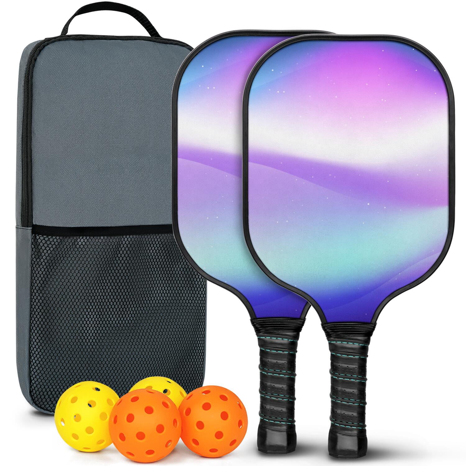 Pickleball Paddles Set Of 2, Fiberglass Surface, Fluid Smoke Aurora Art Style, 4 Balls & Bag