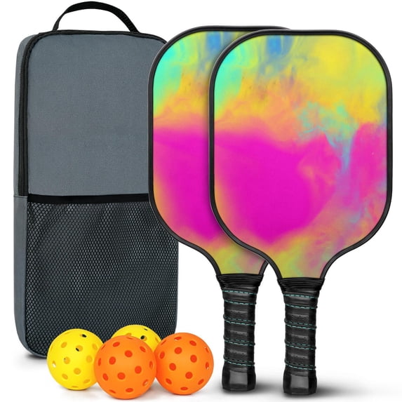 Pickleball Paddles Set Of 2, Fiberglass Surface, Fluid Smoke Aurora Art Style, 4 Balls & Bag