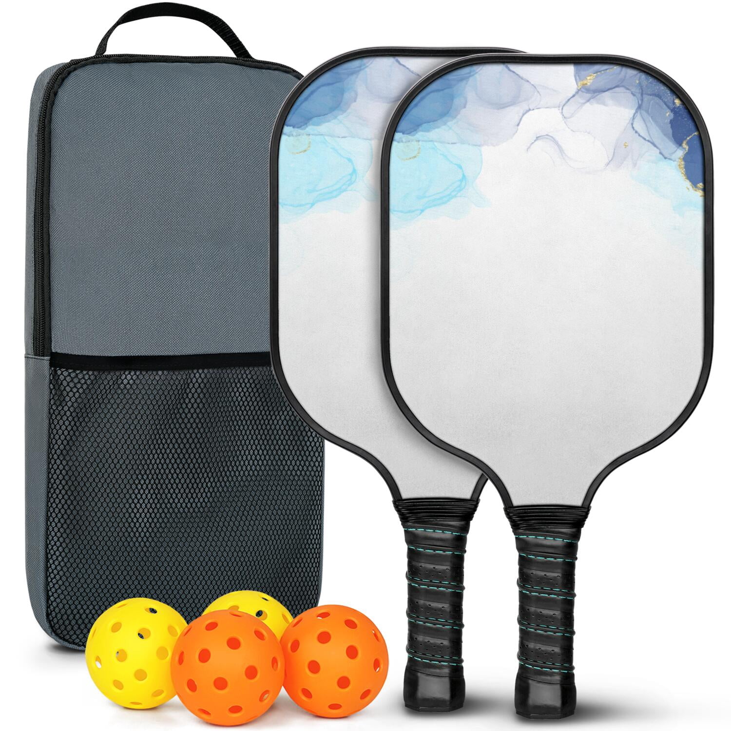 Pickleball Paddles Set Of 2, Fiberglass Surface, Fluid Smoke Aurora Art Style, 4 Balls & Bag