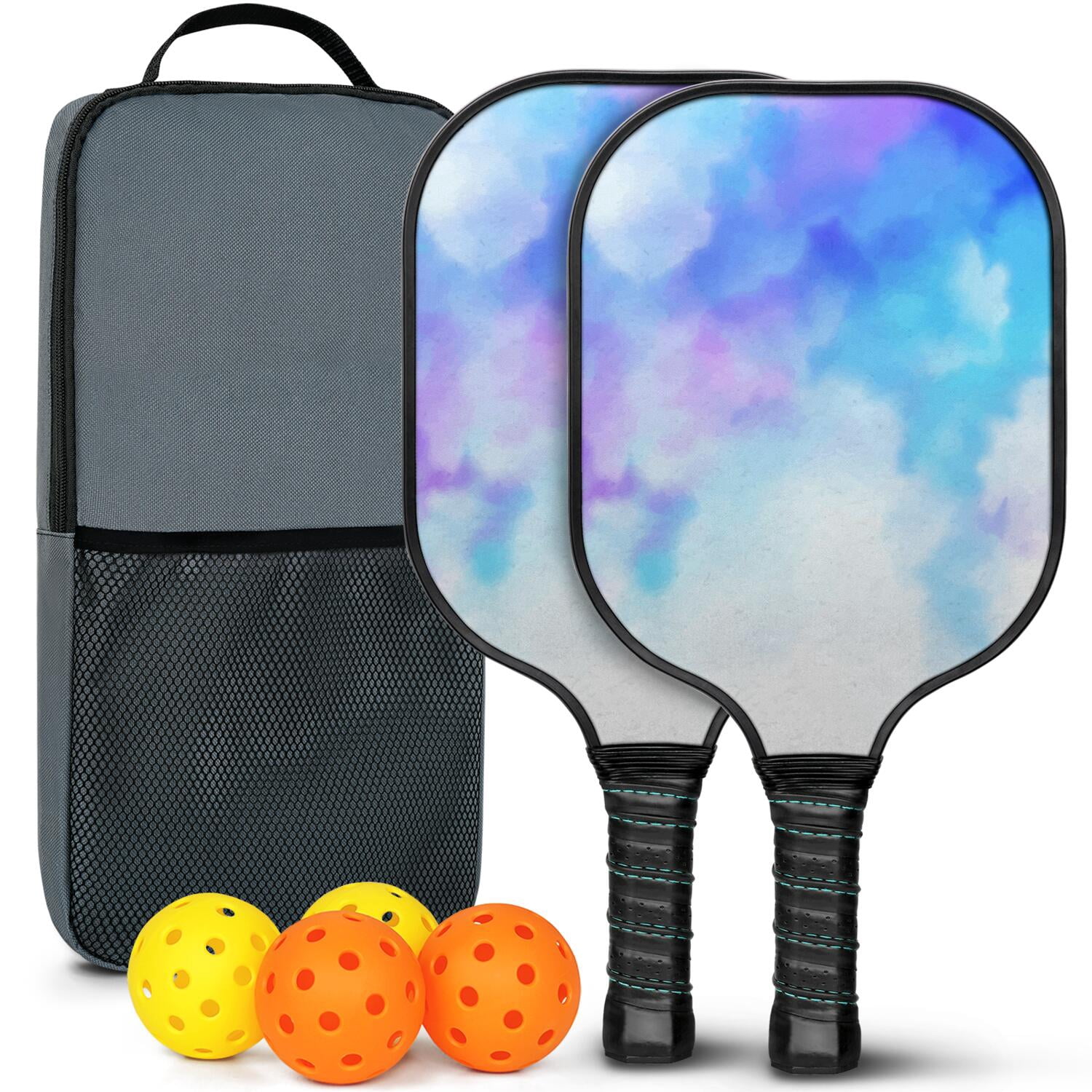 Pickleball Paddles Set Of 2, Fiberglass Surface, Fluid Smoke Aurora Art Style, 4 Balls & Bag