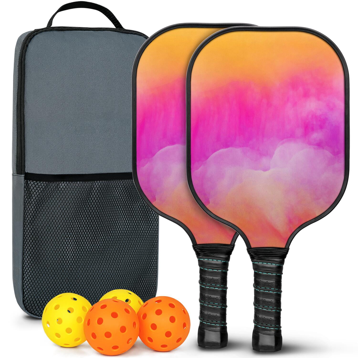 Pickleball Paddles Set Of 2, Fiberglass Surface, Fluid Smoke Aurora Art Style, 4 Balls & Bag