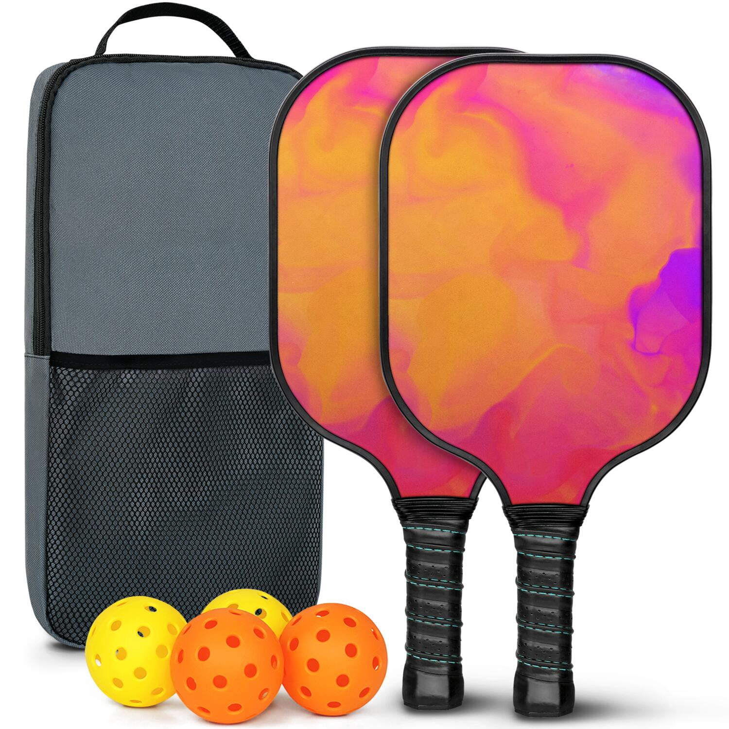 Pickleball Paddles Set Of 2, Fiberglass Surface, Fluid Smoke Aurora Art Style, 4 Balls & Bag