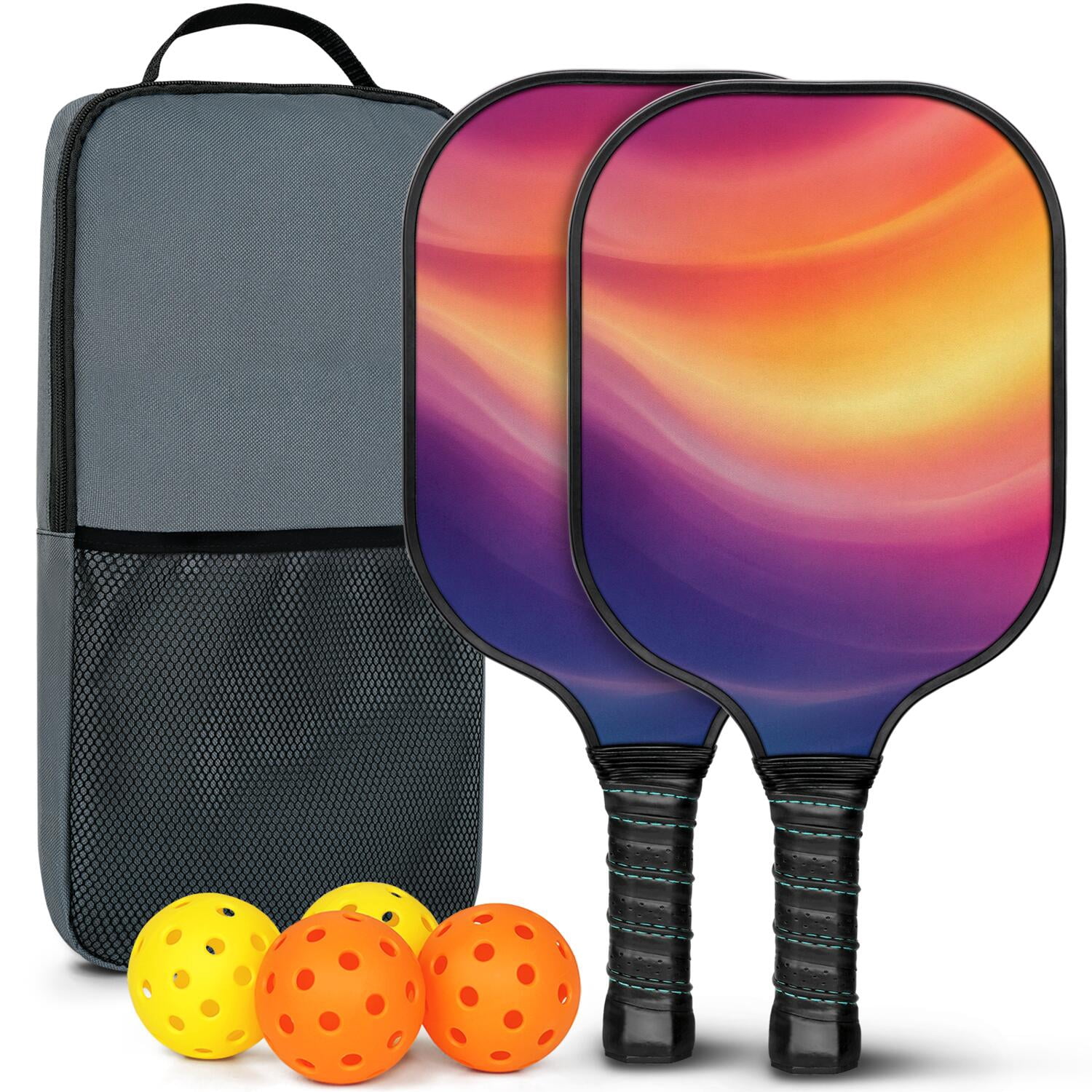 Pickleball Paddles Set Of 2, Fiberglass Surface, Fluid Smoke Aurora Art Style, 4 Balls & Bag