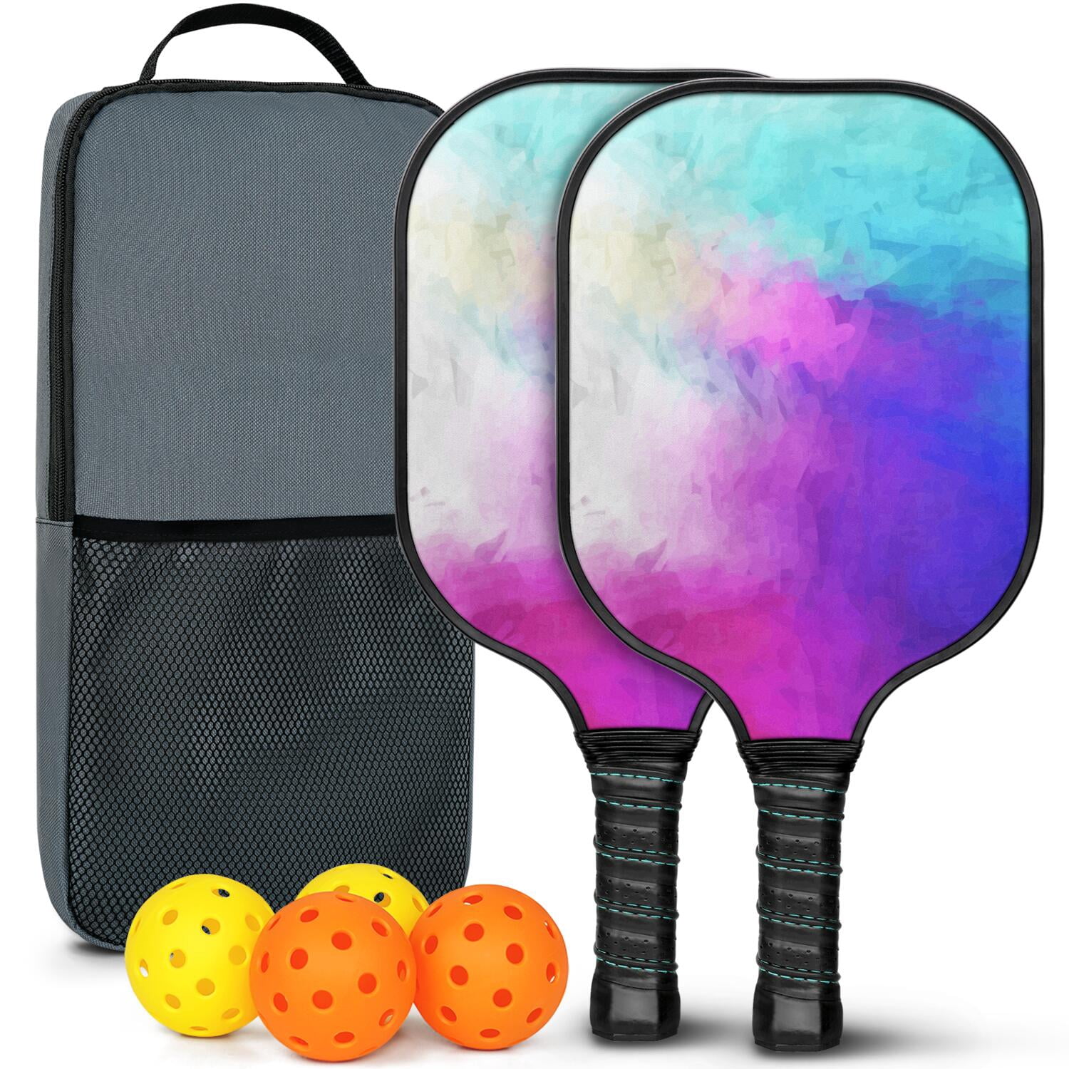Pickleball Paddles Set Of 2, Fiberglass Surface, Fluid Smoke Aurora Art Style, 4 Balls & Bag
