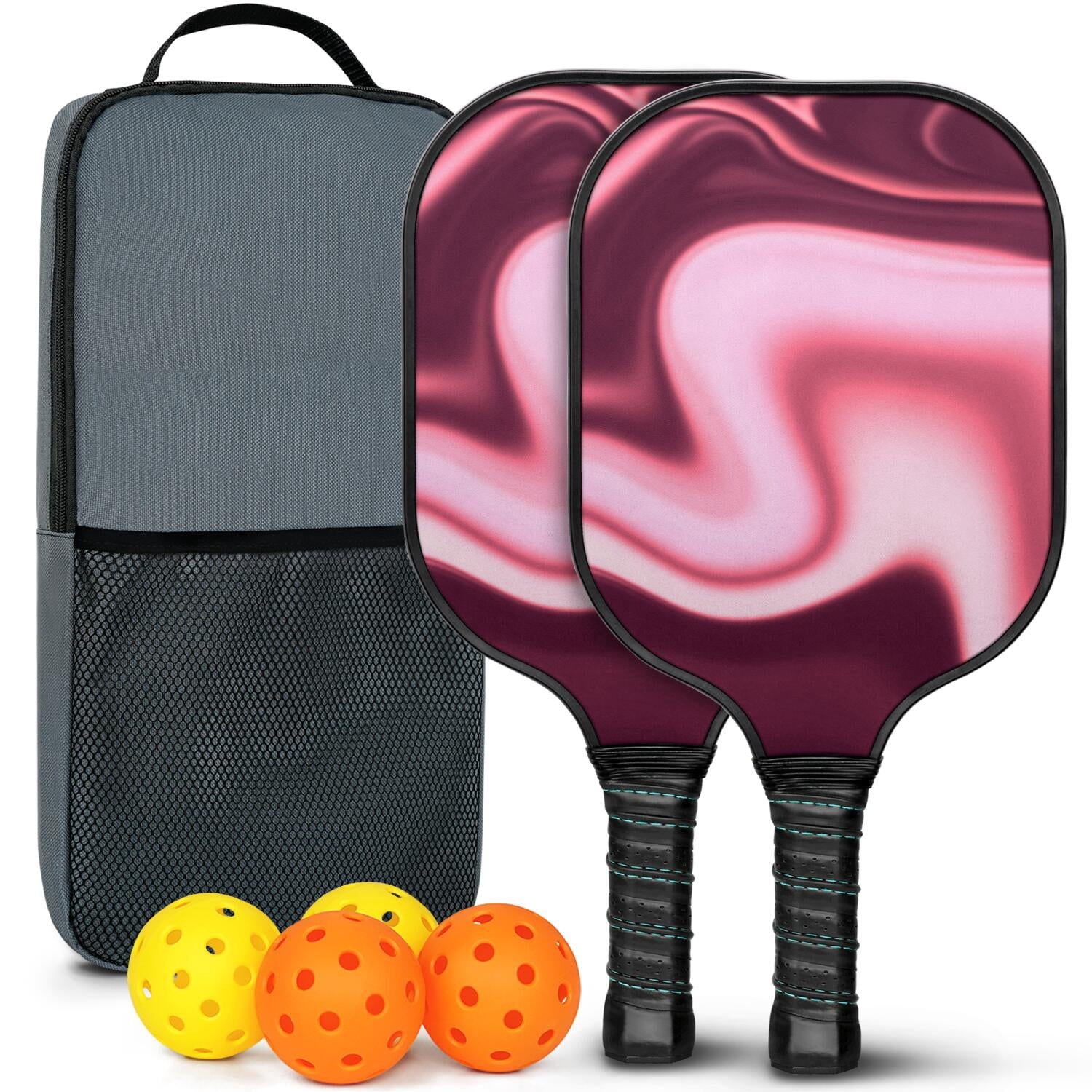 Pickleball Paddles Set Of 2, Fiberglass Surface, Fluid Smoke Aurora Art Style, 4 Balls & Bag