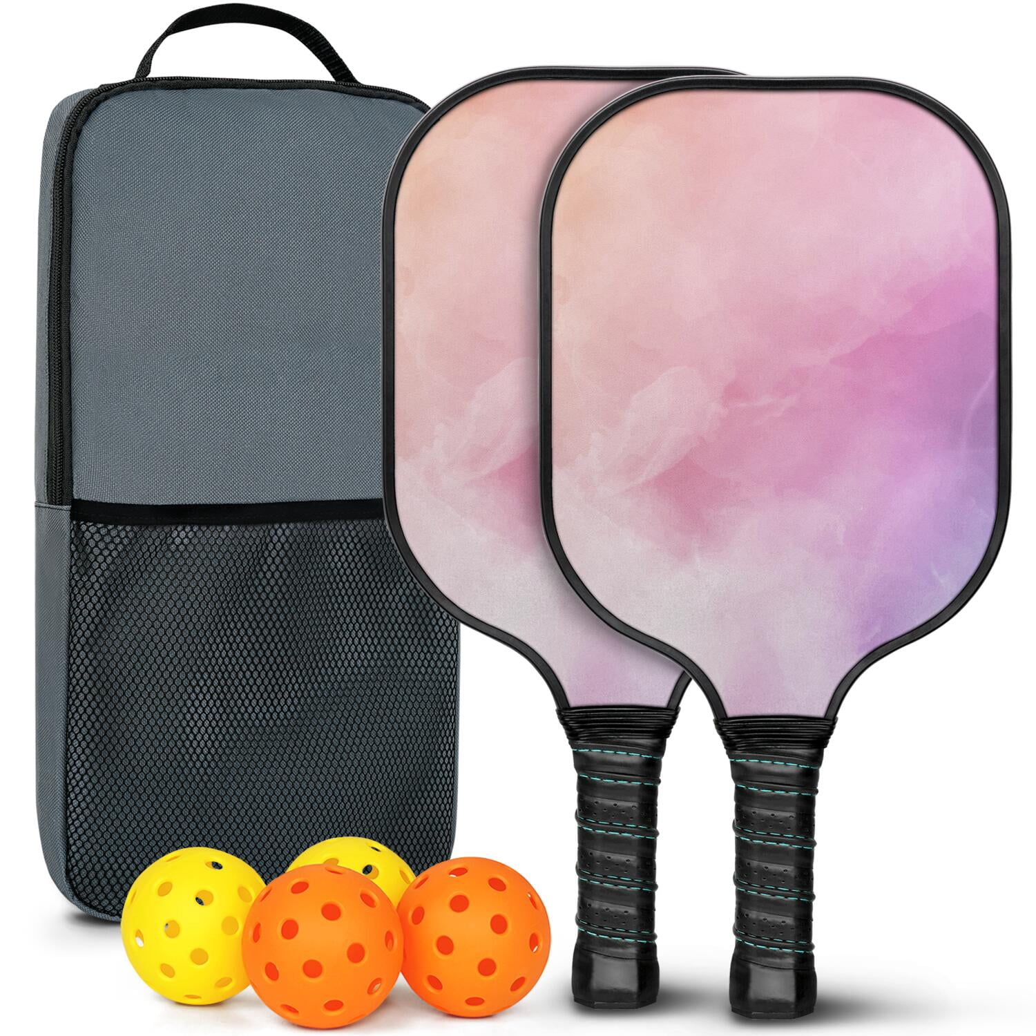 Pickleball Paddles Set Of 2, Fiberglass Surface, Fluid Smoke Aurora Art Style, 4 Balls & Bag