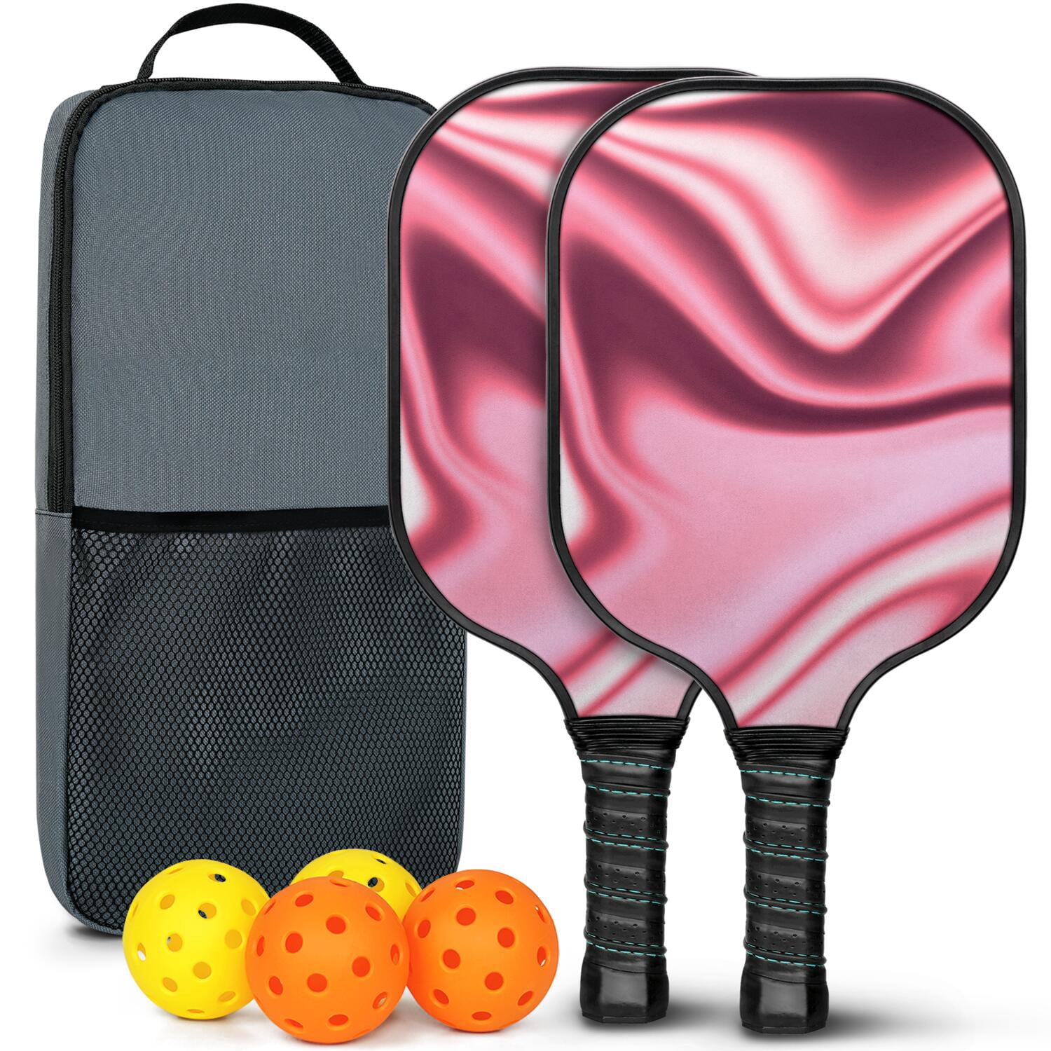 Pickleball Paddles Set Of 2, Fiberglass Surface, Fluid Smoke Aurora Art Style, 4 Balls & Bag