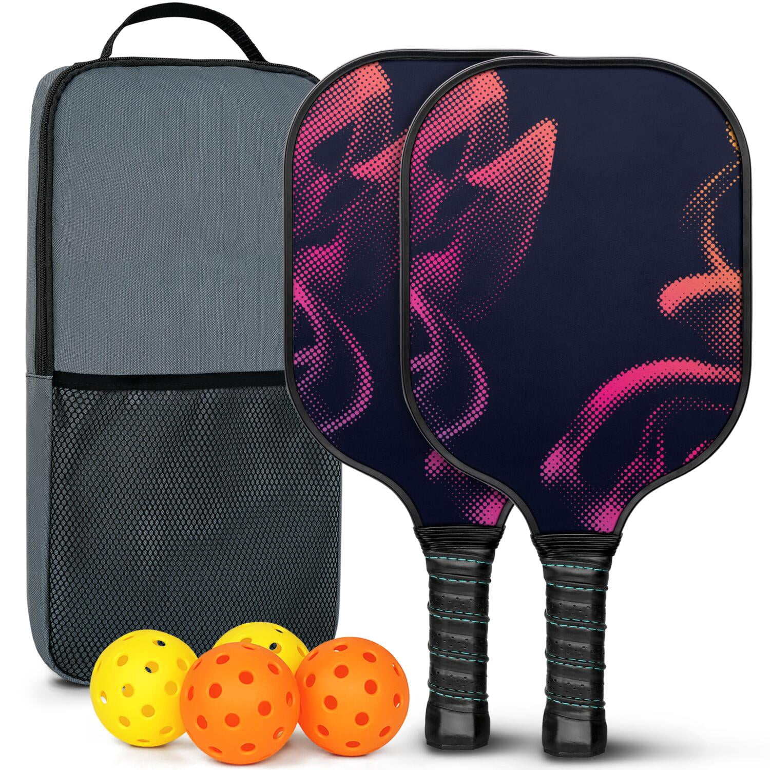Pickleball Paddles Set Of 2, Fiberglass Surface, Fluid Smoke Aurora Art Style, 4 Balls & Bag