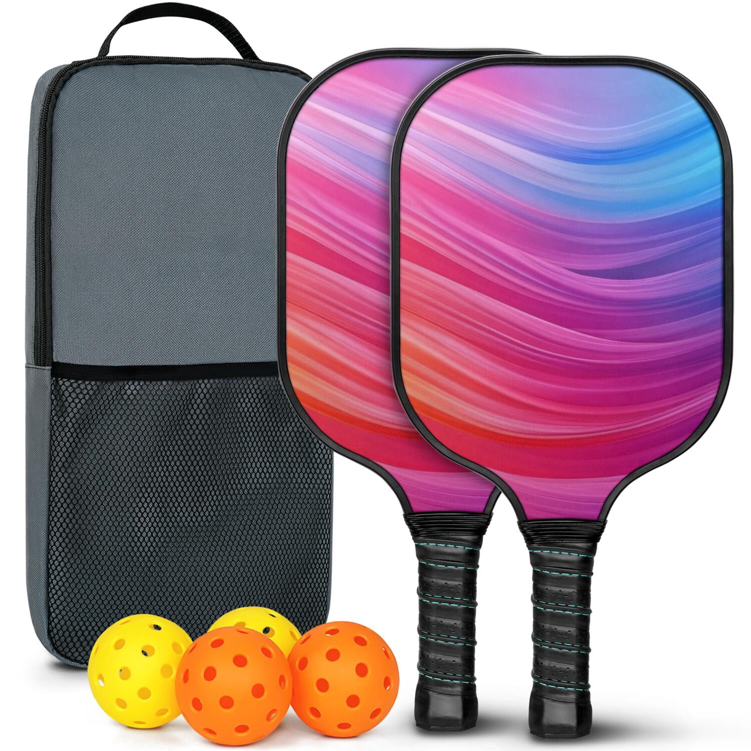 Pickleball Paddles Set Of 2, Fiberglass Surface, Fluid Smoke Aurora Art Style, 4 Balls & Bag
