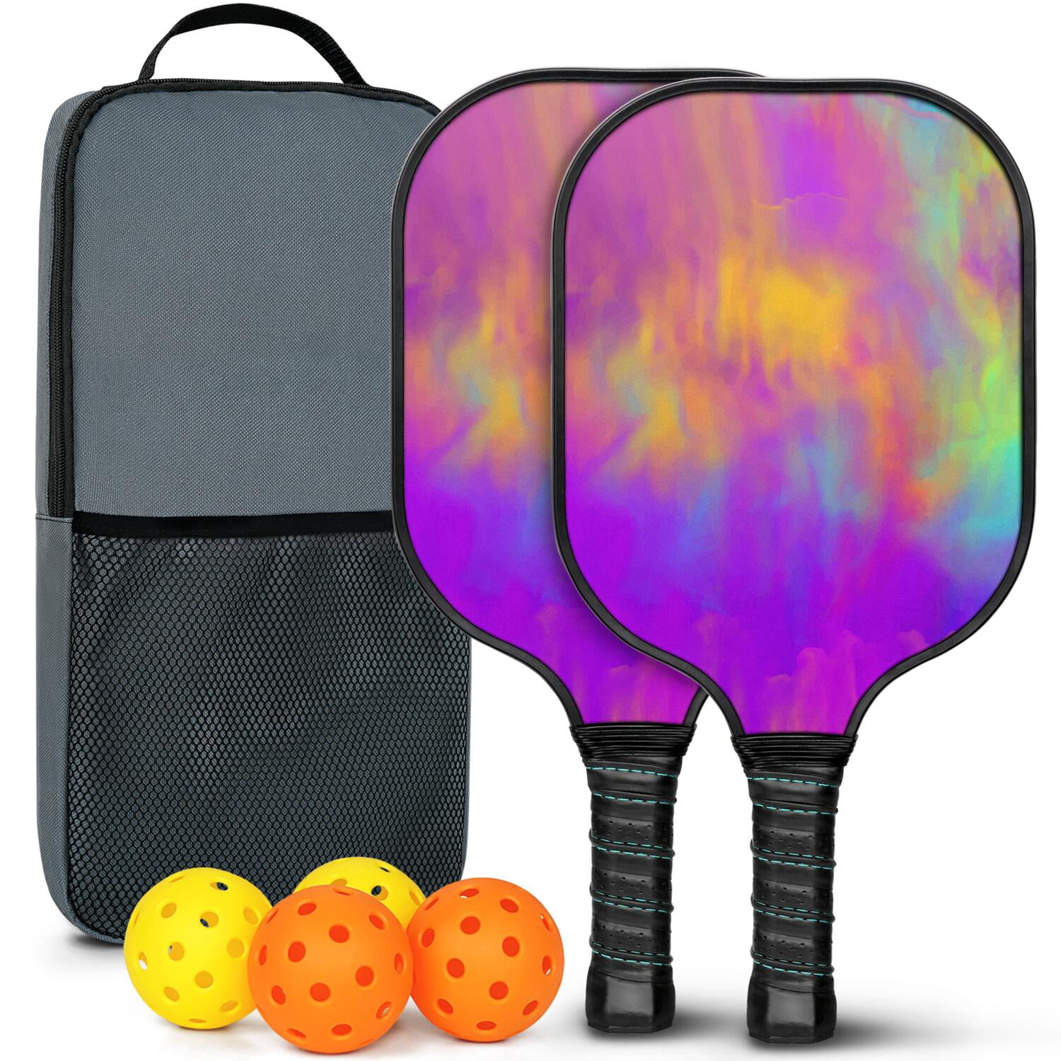 Pickleball Paddles Set Of 2, Fiberglass Surface, Fluid Smoke Aurora Art Style, 4 Balls & Bag