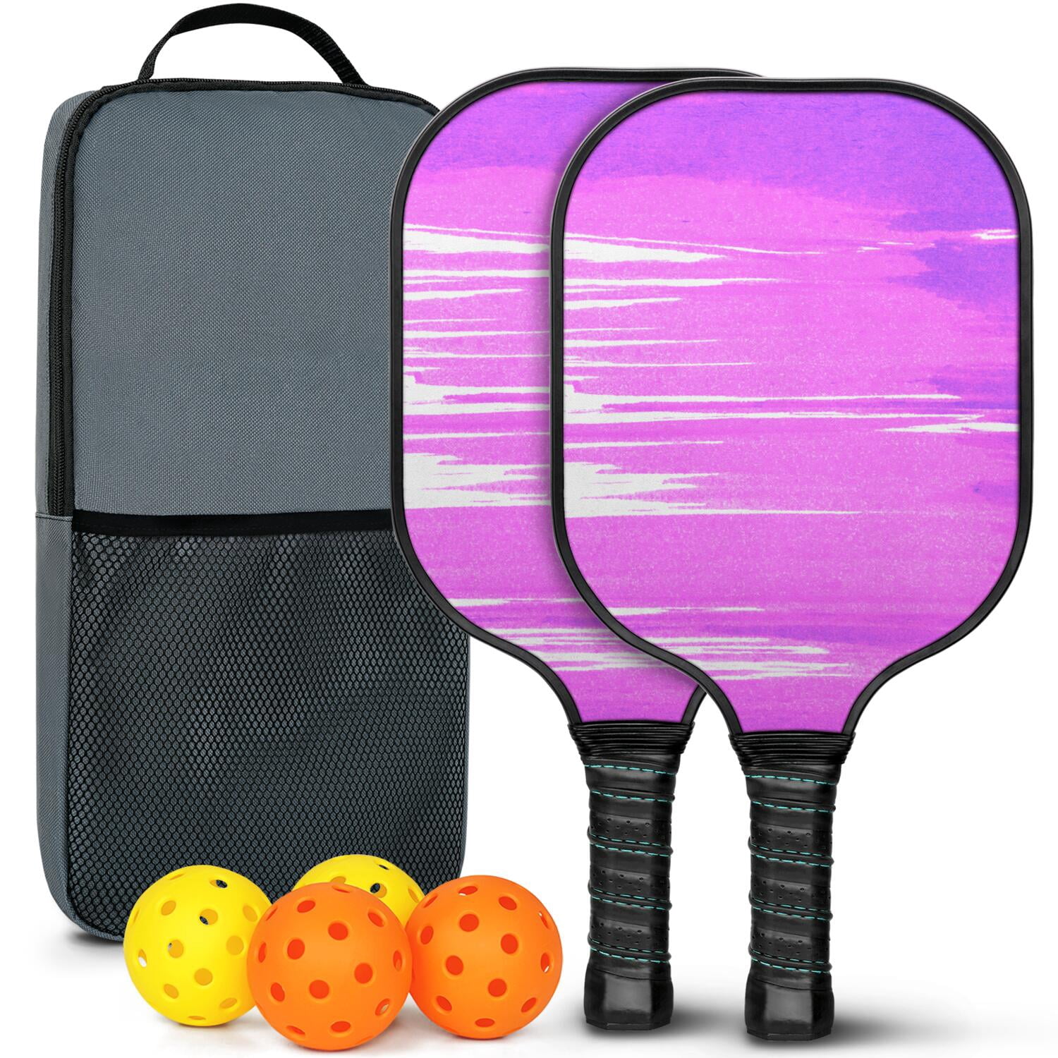 Pickleball Paddles Set Of 2, Fiberglass Surface, Fluid Smoke Aurora Art Style, 4 Balls & Bag