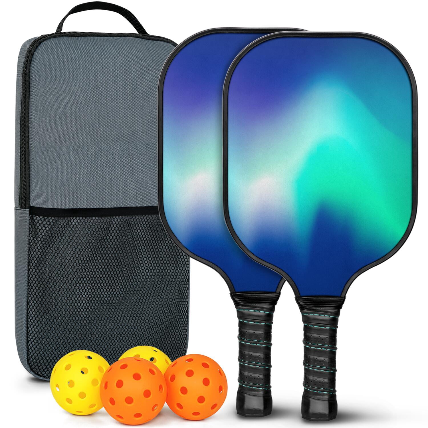 Pickleball Paddles Set Of 2, Fiberglass Surface, Fluid Smoke Aurora Art Style, 4 Balls & Bag