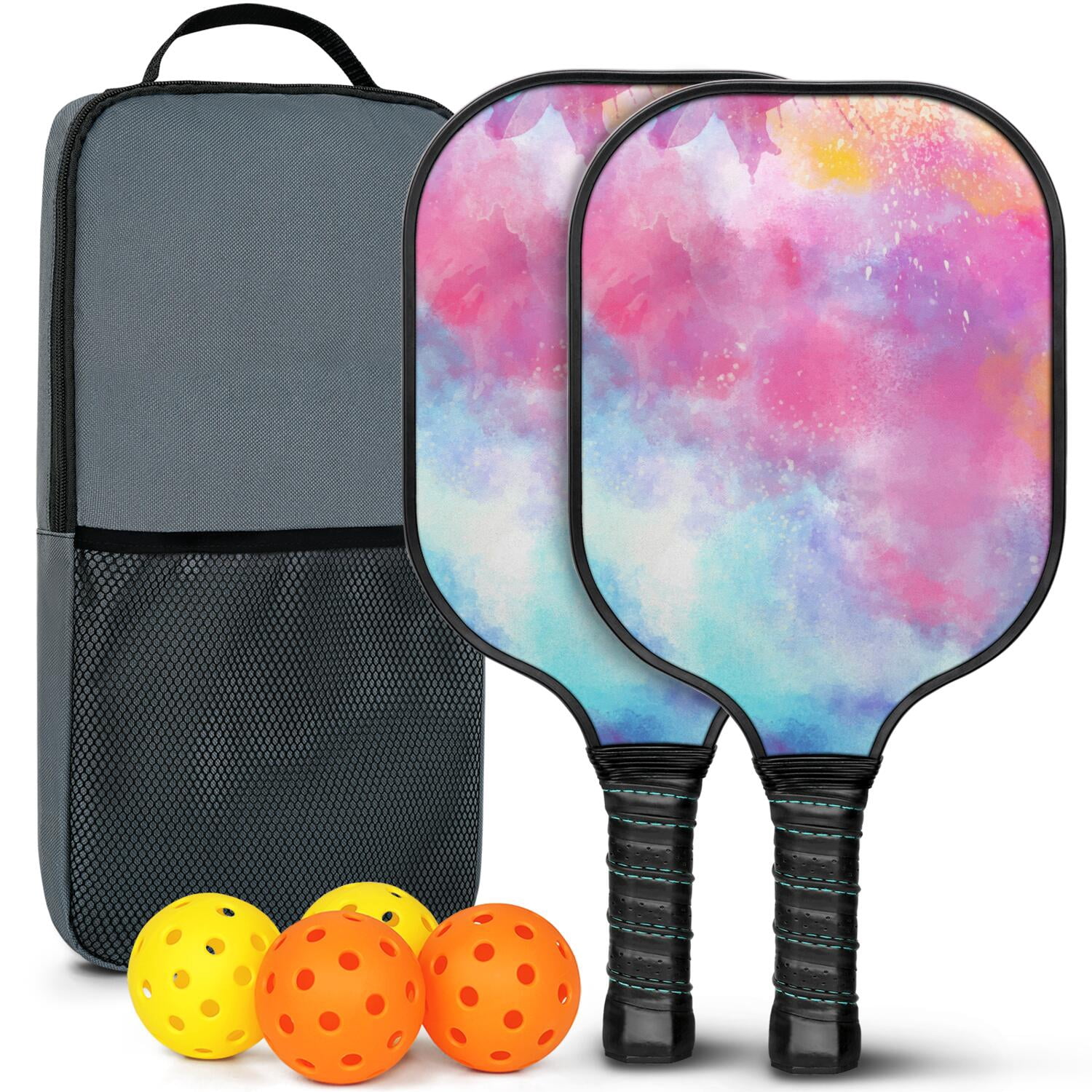 Pickleball Paddles Set Of 2, Fiberglass Surface, Fluid Smoke Aurora Art Style, 4 Balls & Bag