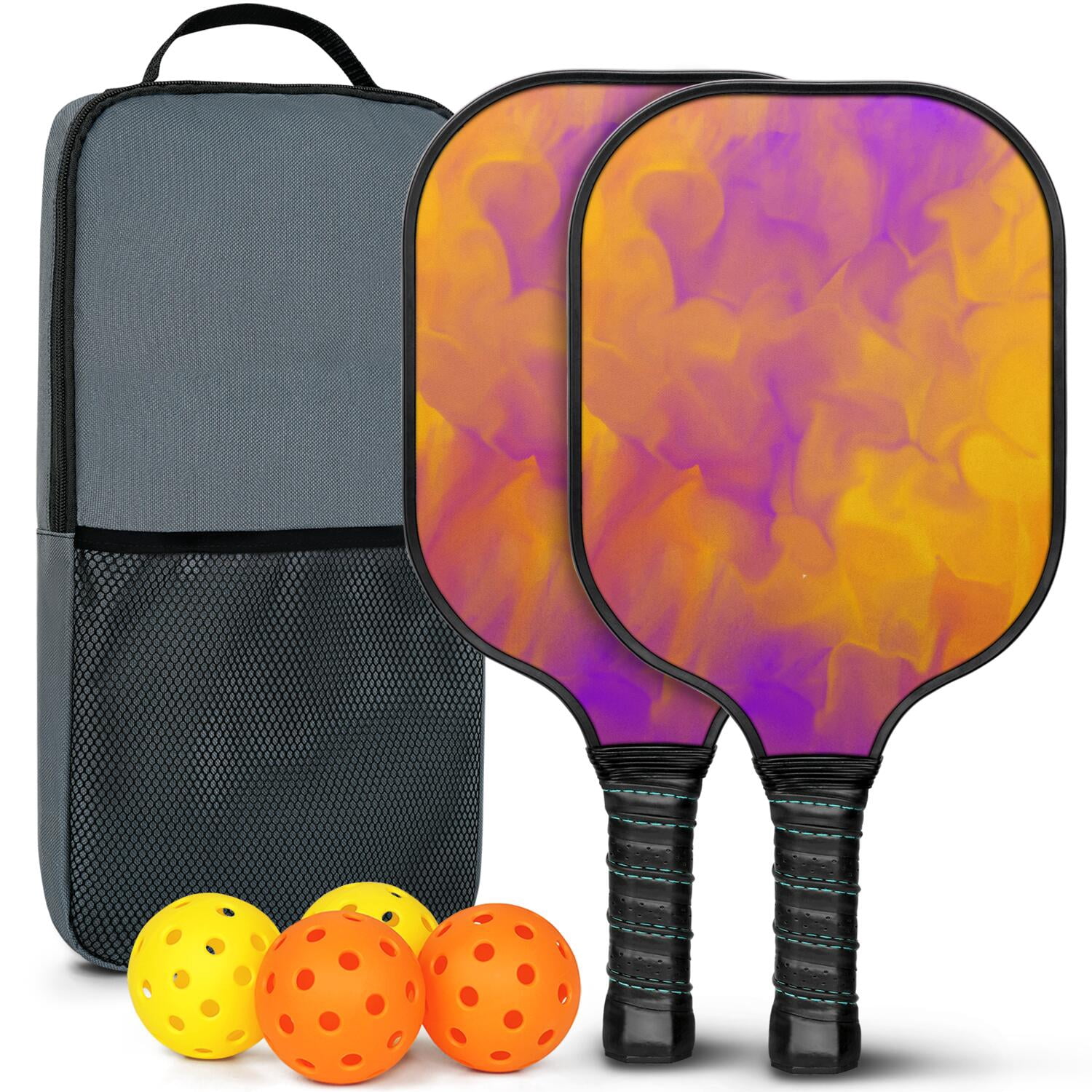 Pickleball Paddles Set Of 2, Fiberglass Surface, Fluid Smoke Aurora Art Style, 4 Balls & Bag